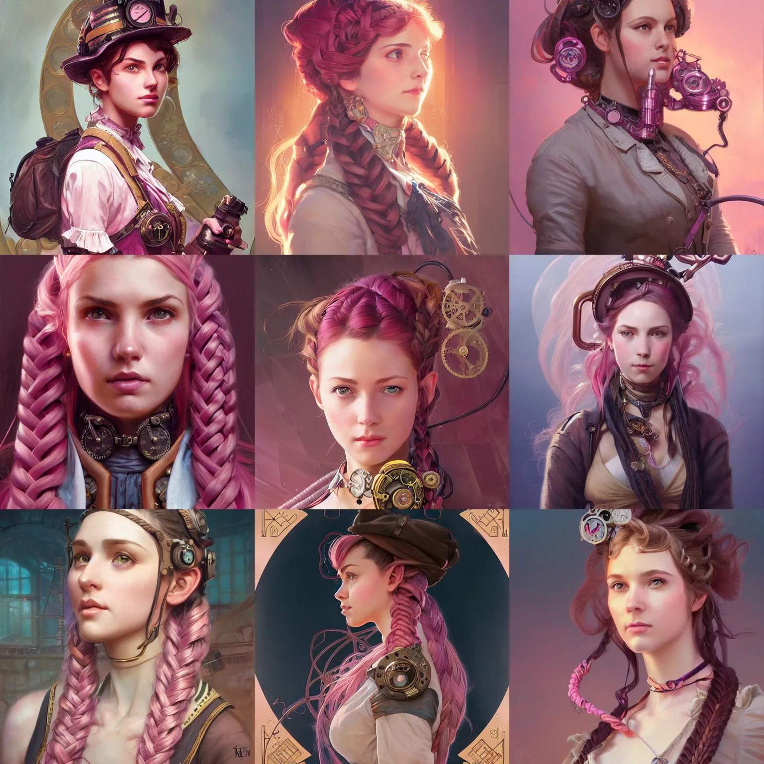 Prompt: steampunk inventor girl, pink braided hair, portrait, highly detailed, digital painting, artstation, concept art, sharp focus, illustration, art by artgerm and greg rutkowski and alphonse mucha