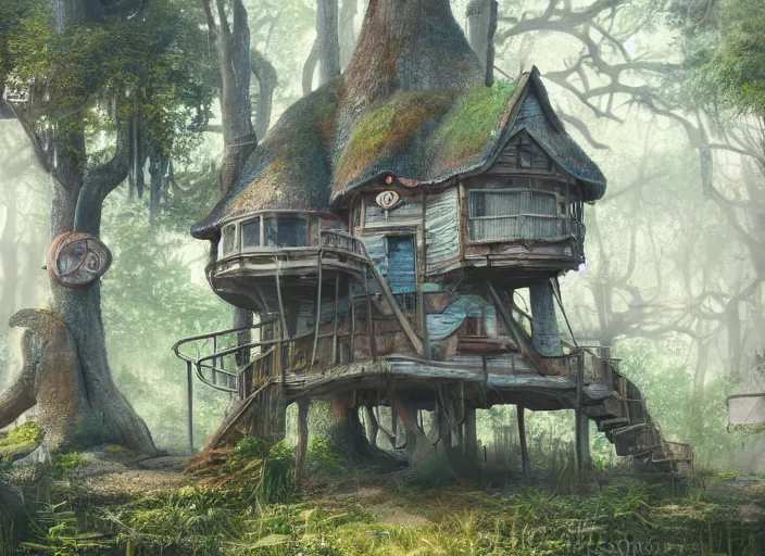 Image similar to detailed full body concept art illustration pastel painting of a treehouse, ultra detailed, digital art, octane render, dystopian, micro detail 4k