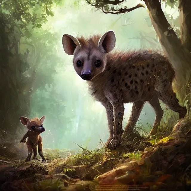 Prompt: a beautiful painting of a cute brown baby hyena in a forest. disney character design by cory loftis, fenghua zhong, ryohei hase, ismail inceoglu and ruan jia. artstation, volumetric light, detailed, photorealistic, rendered in octane