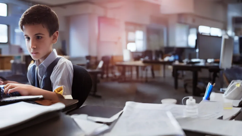 Image similar to school kid sitting at a computer desk, hacking, stock photo