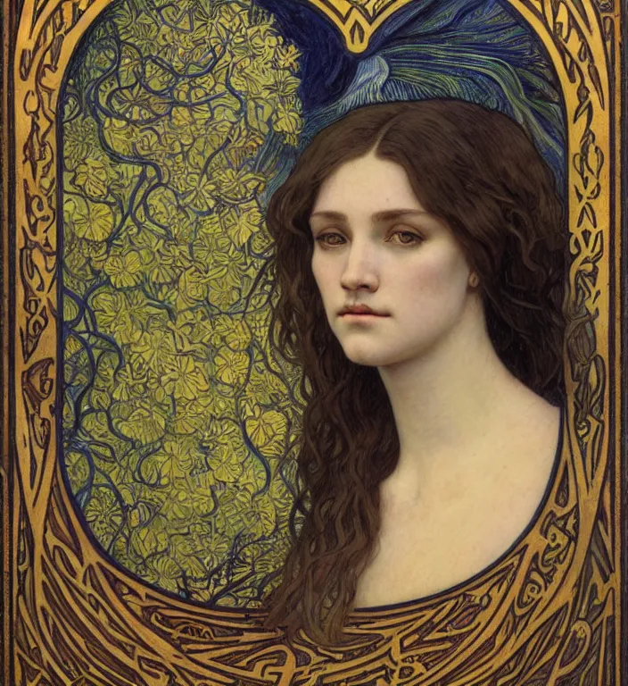Image similar to detailed realistic beautiful young medieval queen face portrait by jean delville, alphonse mucha, vincent van gogh, and marco mazzoni, art nouveau, symbolist, visionary, gothic, pre - raphaelite