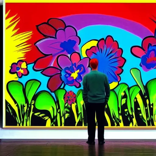 Image similar to a man standing in front of a giant painting, a pop art painting by peter max, behance contest winner, psychedelic art, psychedelic, poster art, made of flowers