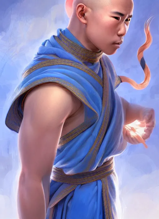 Image similar to male monk with a mongolian pigtail!!!! asian facial features and blue eyes!! intricate ornate blue robes!! character concept art, sharp focus, octane render! unreal engine 5! highly rendered!! trending on artstation!! detailed linework!! illustration by artgerm, wlop, and chie yoshii