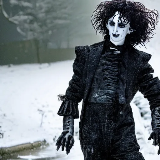 Prompt: high-quality photo of timothée chalamet as Edward scissorhands in a haunting snowy garden