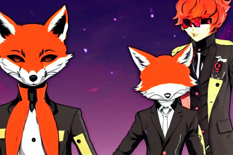 Image similar to a furry tan male fox on a persona 5 : royal ( by atlus ) video game splash screen, a furry male sandcolored tan fox fursona ( has hair ), persona 5 phantom thief style