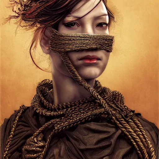 Image similar to portrait of a Shibari rope wrapped face and neck, headshot, insanely nice professional hair style, dramatic hair color, digital painting, of a old 15th century, roman gladiator, amber jewels, baroque, ornate clothing, scifi, realistic, hyperdetailed, chiaroscuro, concept art, art by Franz Hals and Jon Foster and Ayami Kojima and Amano and Karol Bak,