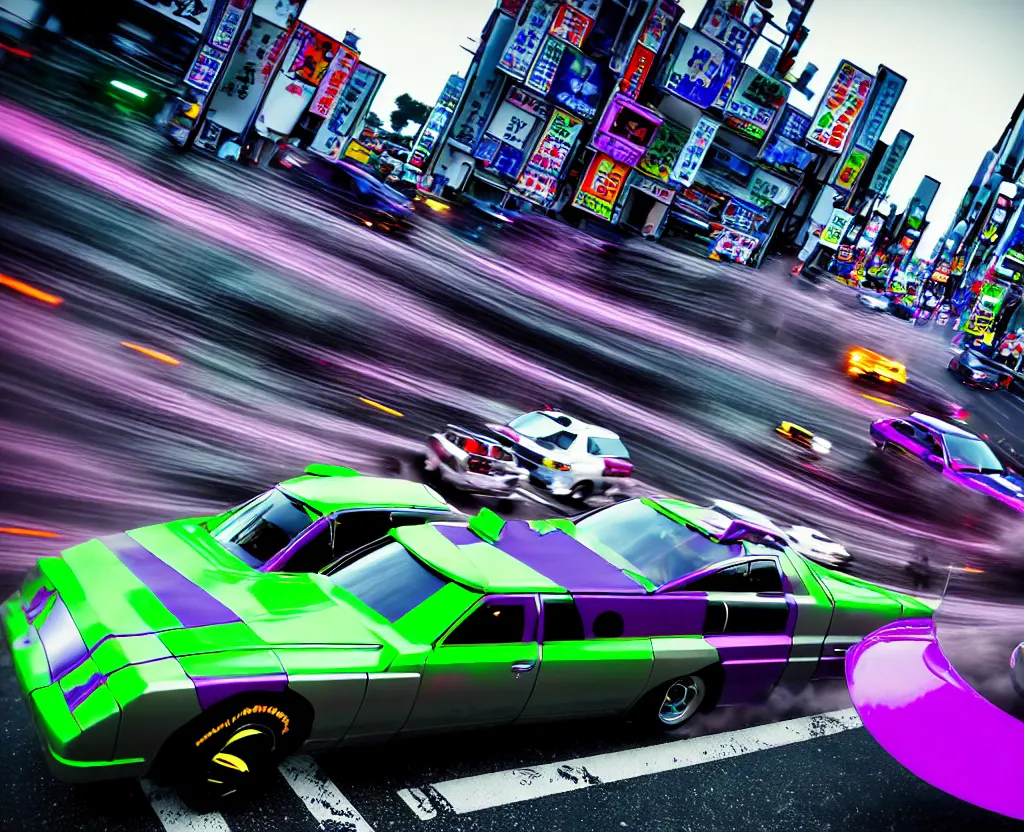 Image similar to anthropomorphic JZX100 twin turbo drift jet engine monster truck drag racer cowboy Cadillac hover-car UFO with cowboy snake facial features speeding in the road, Tokyo prefecture, Japanese architecture, city sunset mist lights, cinematic lighting, photorealistic, detailed alloy wheels, highly detailed purple green snake oil wacky races power ranger bat-mobile transformer car