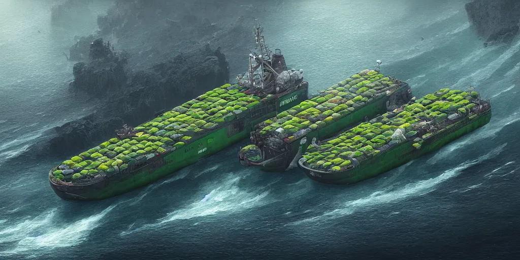 Image similar to rescue ship with algae farms, fresh produce, 5 cargo containers, digital art, 8 k resolution, unreal engine, highly detailed, very detailed eyes, photorealistic by wlop, greg rutkowski, rim light, exquisite lighting, clear focus, very coherent,