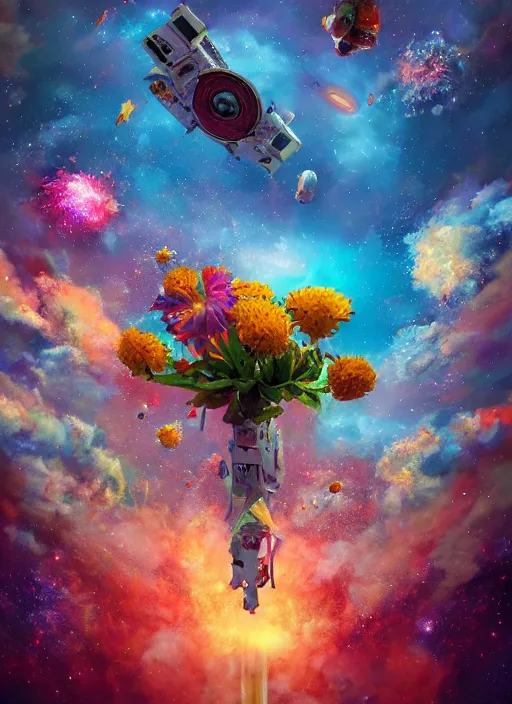 Image similar to An epic fantastic realism comic book style painting of the most beautiful flowers launched into space, bouquets, glorious galactic collision, sharp focus, fisheye, unreal 5, DAZ, hyperrealistic, octane render, dynamic lighting