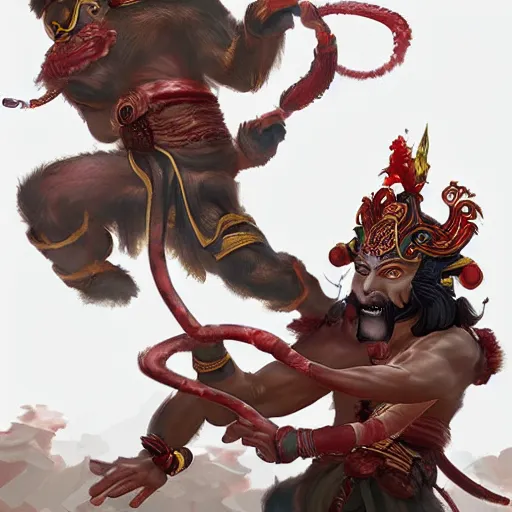 Prompt: monkey king vs. Nezha with three heads and six arms,Concept Artist,from artstation,by chi hao to