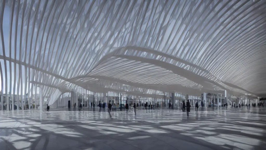 Prompt: a Photorealistic,detailed, Santiago Calatrava design beautiful bright modern mid size interior atrium,matte painting by Greg Rutkowski,Beautiful dramatic moody lighting,Blue sky,cinematic atmosphere,Octane Rendering,8K