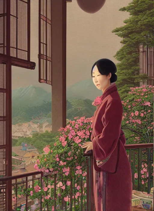 Image similar to Portrait of a Luxurious Korean woman standing on a balcony, female, richly detailed color illustration of a rotocoped-animation-of-flowers-flowing illustrated, detailed face, 19th century, cinematic lighting, digital art painting by simon stalenhag