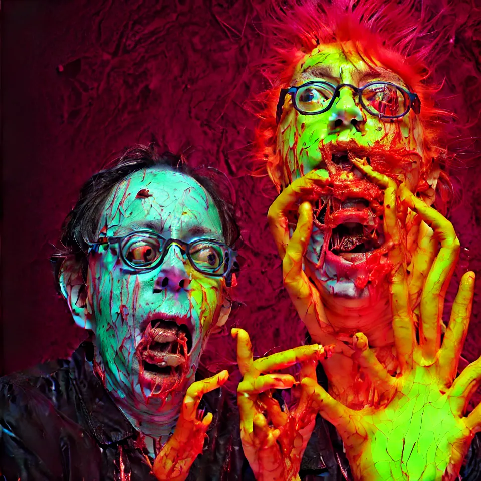 Image similar to bright psychedelic todd solondz eating rotten flesh, crying tears of blood and puking, diffuse lighting, fantasy, intricate, elegant, highly detailed, lifelike, photorealistic, digital painting, artstation, illustration, concept art, smooth, sharp focus, art by francis bacon