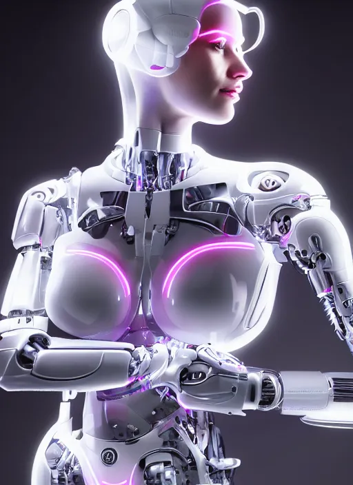 Image similar to photorealistic detailed full body picture of a female cyborg, pretty face with arm and legs, neon lights, white suit, humanoid, extreme, uhdr, book called the most influental cyborg in 2 0 5 0, fine details, highly detailed, intricate, smooth sharp focus