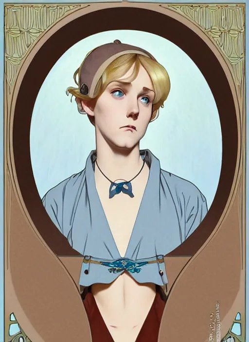 Image similar to art nouveau portrait of a pretty young man with short blond hair, light blue eyes, sad expression, scared, head down, shy and demure, wearing a choker collar, natural lighting, path traced, highly detailed, high quality, cartoon, digital painting, by don bluth and ross tran and studio ghibli and alphonse mucha