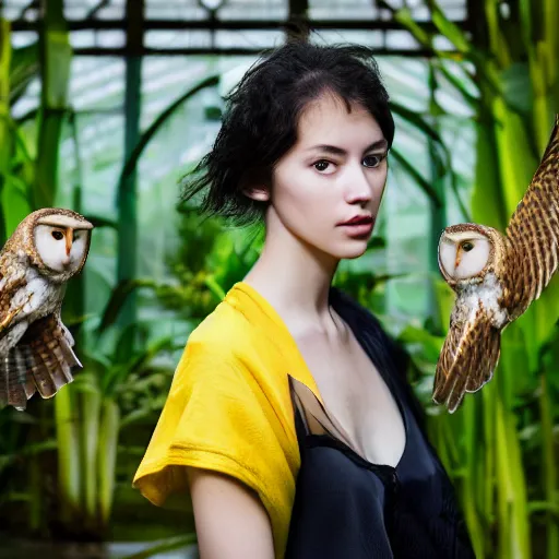 Image similar to amazing portrait photograph of beautiful young female model, symmetric face, symmetric eyes, slight smile, natural light,wearing a yellow kimono with a very detailed barn owl on her shoulder!!! in a tropical greenhouse. looking at the camera!!. super resolution. Extremely detailed. art by Rineke Dijkstra.