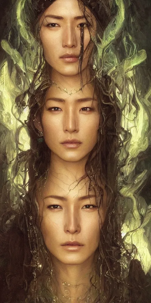 Image similar to epic masterpiece portrait of priestess played by dichen lachman, followed by head with many souls, beautiful face and flawless skin, perfect hands, emeralds by Edgar Maxence and Ross Tran and Michael Whelan