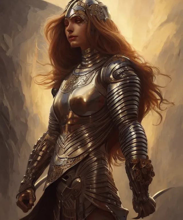 Image similar to Muscular and powerful medieval knight woman portrait, sci-fi, amber eyes, face, long hair, fantasy, intricate, elegant, highly detailed, digital painting, artstation, concept art, smooth, sharp focus, illustration, art by artgerm and greg rutkowski and alphonse mucha