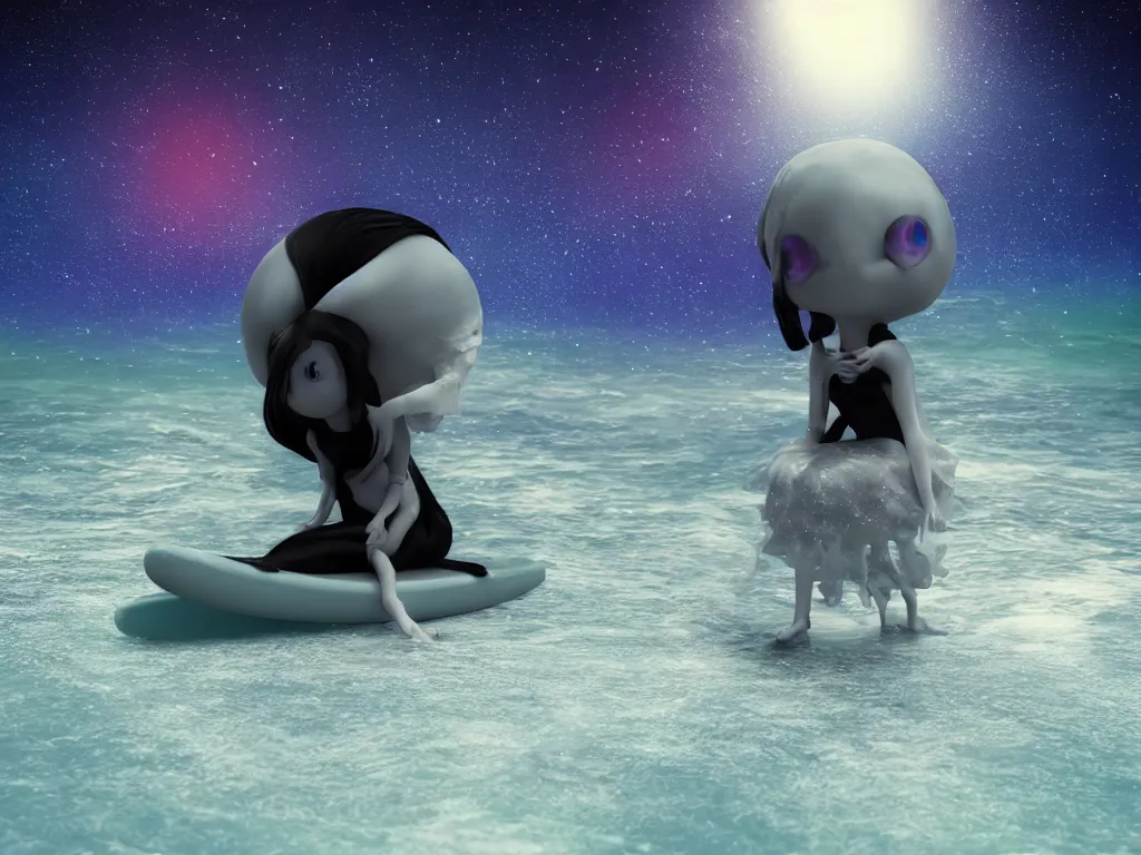 Image similar to cute fumo plush gothic maiden alien girl sitting on a surfboard in the waves of the dark galactic abyss, ocean waves and reflective splashing water, vignette, vray