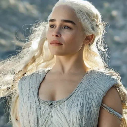 Prompt: a beautiful close - up shop of emilia clarke as daenerys targarien, beautiful natural light failling on her face, golden hour, by annie leibowitz