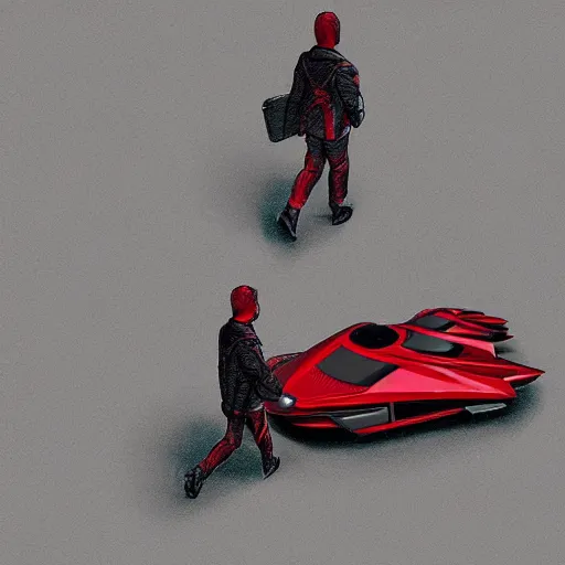 Prompt: man with a red jacket walking toward a red futuristic racing motorbike, isometric view, ink drawing, panoramic view, wide angle, ultra realistic, intricate details, cyberpunk, ultra detailed, sharp focus, trending on artstation