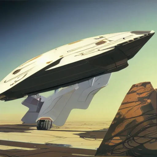 Image similar to concept art, transport spacecraft, exterior, Syd Mead, very wide view, atmospheric, epic composition