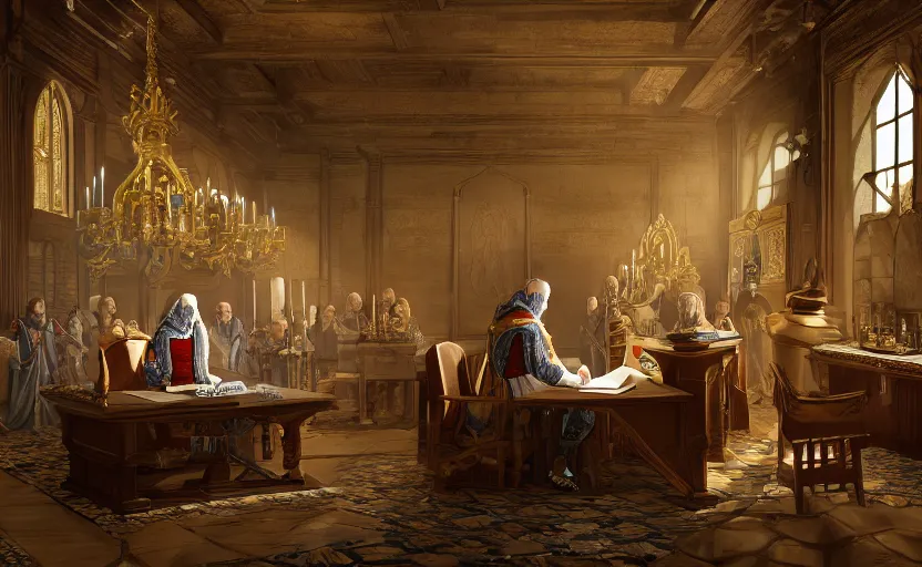 Prompt: a medieval king signing a document in a royal hall, game character concept art, wide view, high detailed, full perfect, detailed faces, symmetrical portrait, high detail, unreal engine, octane rendered, 8 k, dark beauty, trending on artstation