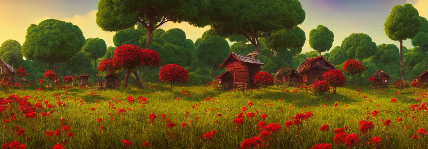 Image similar to crimson - black beehive, large bee hive, in a beautiful forest meadow village landscape, flowers, happy trees, photorealistic, octane render, rtx, hdr, unreal engine, digital art widescreen 8 k, studio ghibli, bob ross, pixar, bee movie, disney