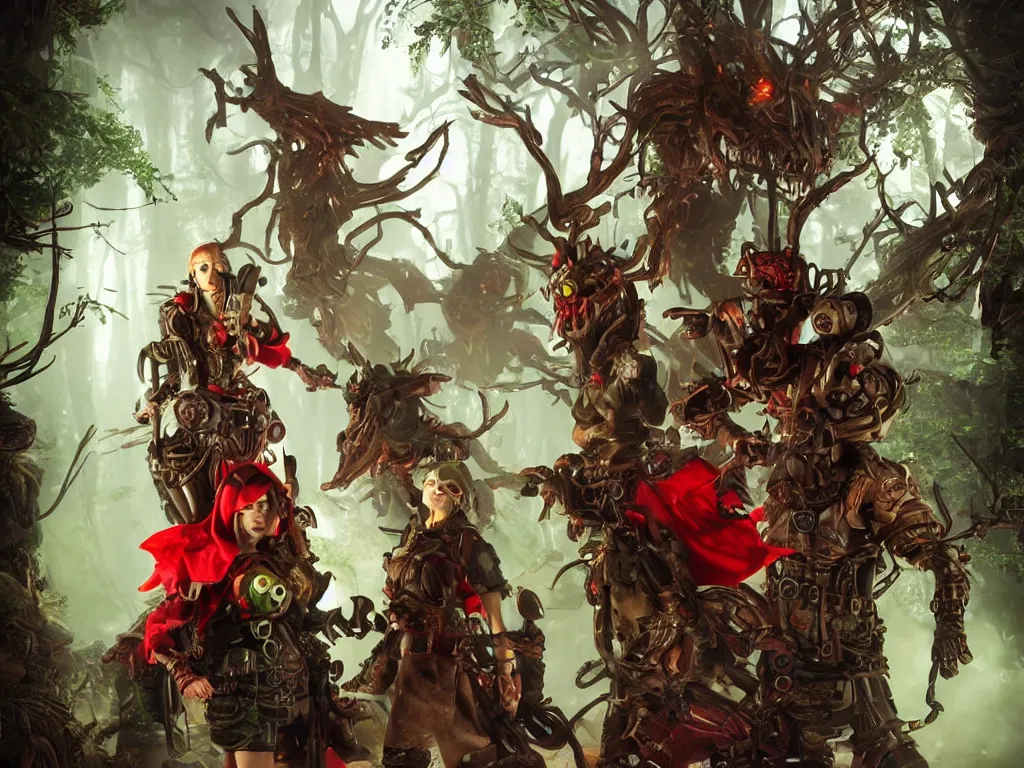 Image similar to red ridding hood and a troop of gamekeepers hunt mystical forest monsters. all wearing a steampunk and neonpunk mechanical fluorescent mystical animal masks. realistic fornite style. full body. product introduction photos. luminescent, elements, by stanley artgerm lau. epic cinematic shot, perfectly defined features, ambient occlusion