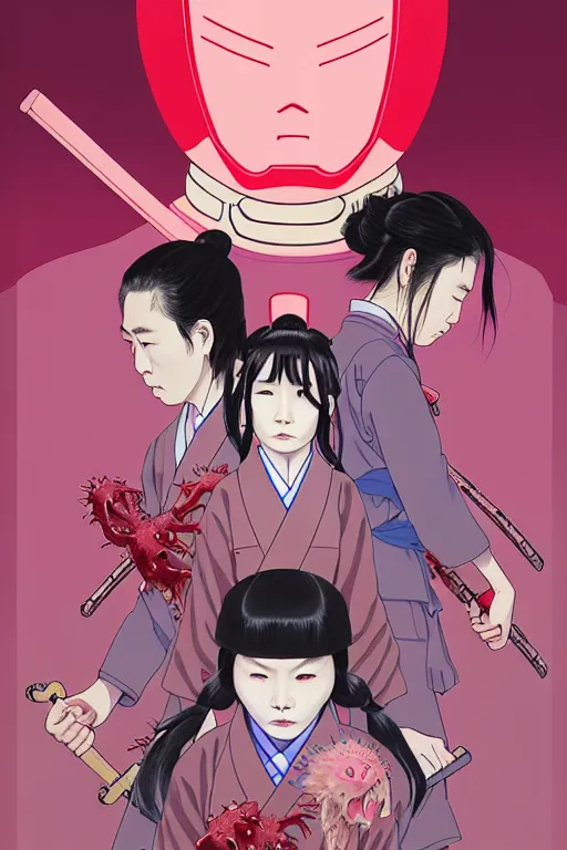 Image similar to Artwork by James Jean, Phil noto and hiyao Miyazaki ; (1) a young Japanese future samurai police lady named Yoshimi battles an (1) enormous evil natured carnivorous pink robot on the streets of Tokyo; Japanese shops and neon signage; crowds of people running; Art work by hiyao Miyazaki, Phil noto and James Jean