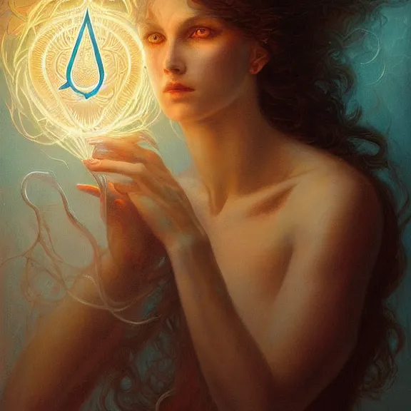 Image similar to a highly detailed beautiful portrait in the style of jean delville and in the style of peter mohrbacher. glowing rune of magical power.