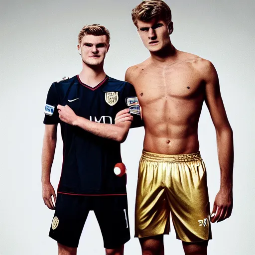 Image similar to a realistic detailed photo of a guy who is an attractive humanoid who is half robot and half humanoid, who is a male android, soccer players martin ødegaard & timo werner, shiny skin, posing like a statue, blank stare, in a living room, on display, showing off his muscles, gold soccer shorts, side view, repairing the other one