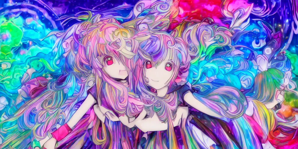 Image similar to Dreamy psychedelic anime, extremely colorful, geometric, Madoka witch labyrinth, patchwork, photoshop, HDR, 4k, 8k, abstract, two anime girls standing within two raging colorful vortexes, detailed and cute faces on the anime girls, very cute and childlike, hugging, smiles and colors