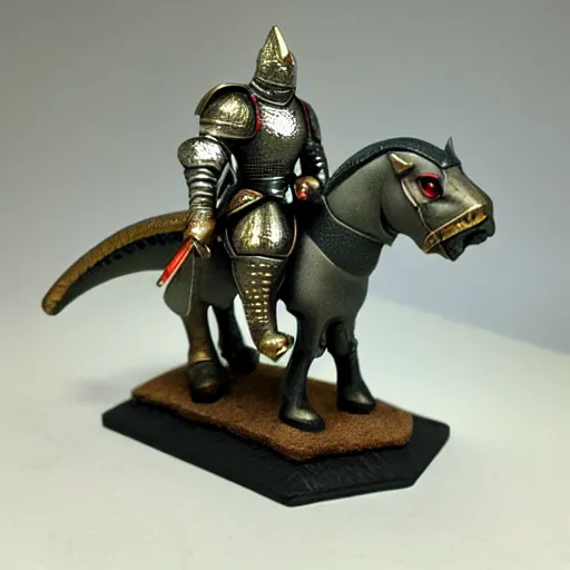 Image similar to D&D, high detail, miniature of medieval knight riding a dinosaur, heavy cavalry, Asgard rising, MyMiniFactory, 28mm scale