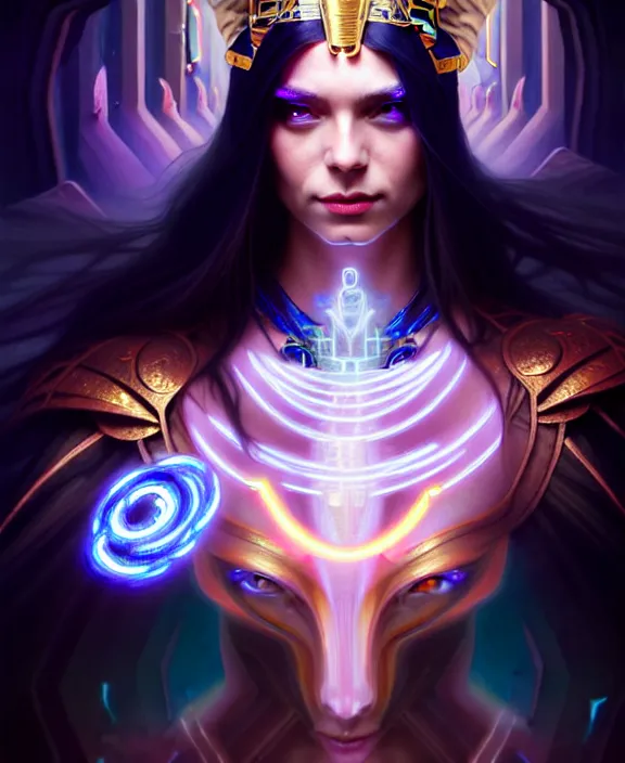 Image similar to a whirlwind of souls rushing inside the metaverse, half body, glowin eyes, tiara with sapphire, pharaoh, android, cyberpunk, d & d, fantasy, intricate, elegant, highly detailed, colorful, vivid color, digital painting, artstation, concept art, art by artgerm and greg rutkowski and alphonse mucha and ruan jia