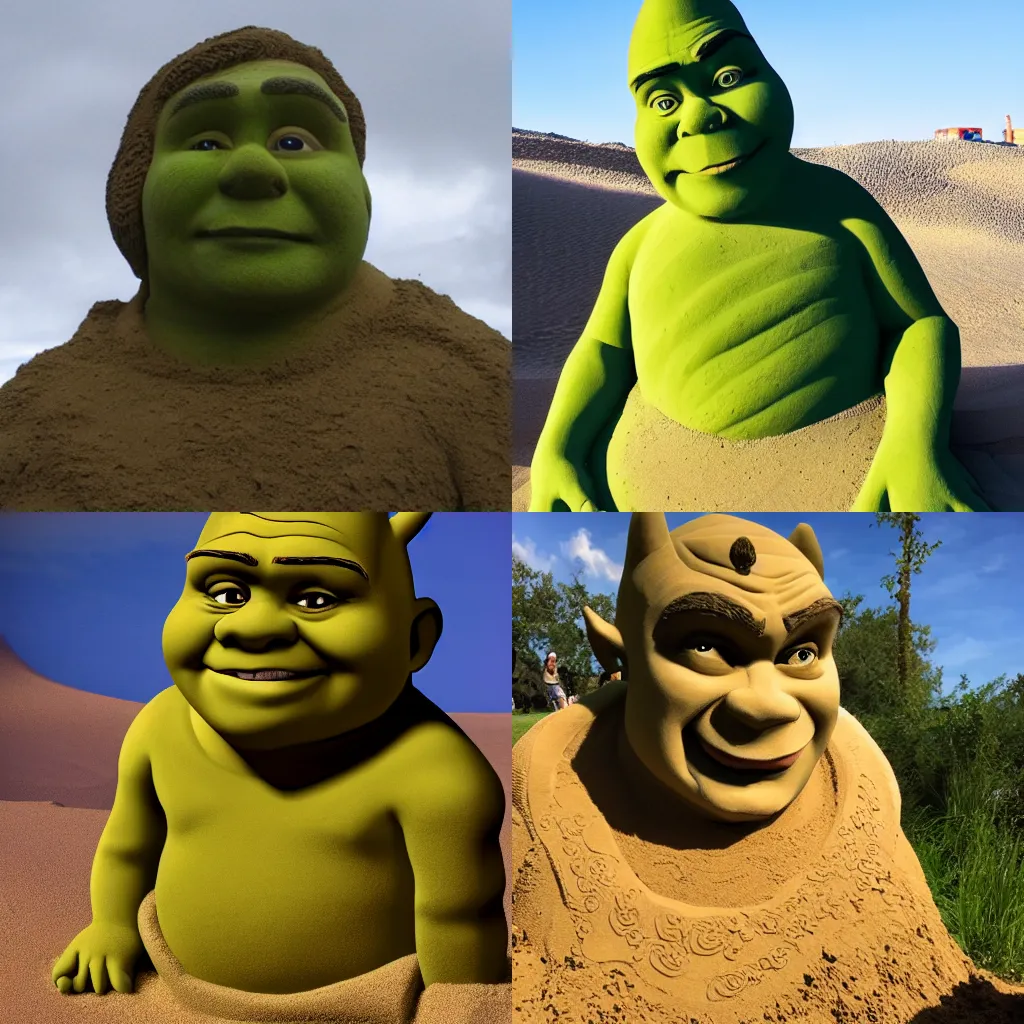 Prompt: Award Winning Photo Of A Sand Sculpture Of Shrek, 8K, Photorealistic