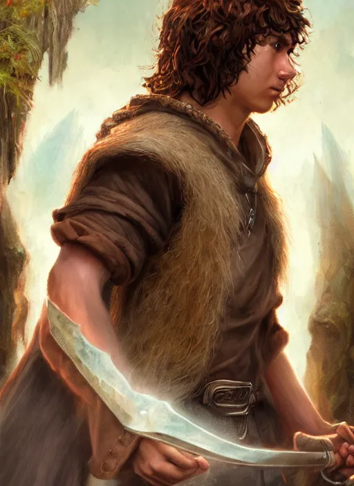 Image similar to teenage hobbit wizard, brown hair, acne, Ivan Aivakovsky, Boris Vallejo, epic fantasy character art, D&D Concept Art, full length, Realistic, Regal, Refined, Detailed Digital Art, Oil Paining, Exquisite detail, post-processing, masterpiece, Cinematic Lighting, Unreal Engine, 8k, HD