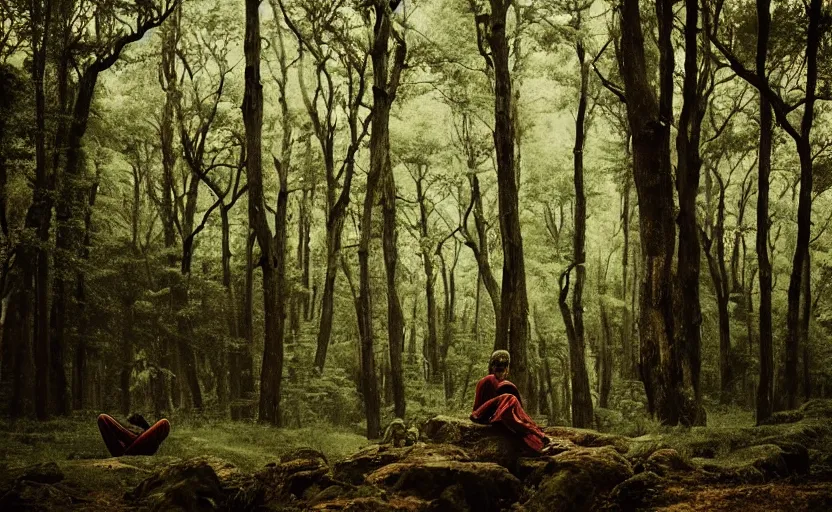 Prompt: a lonely wandering soul, resting in a forest sitting on a boulder, listening to the quiet and the breeze, smiling and looking up at the trees, by elizabeth gadd