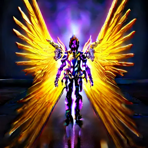 Image similar to a photo of 8 k hyper realistic, octane render archangel with white iridescent wings, full body, intricate purple and yellow neon armor, ornate, standing on front of huge megastructure red doors of heaven, with sword of fire, magical atmosphere, cinematic lighting, trending on artstation, 4 k, hyperrealistic, focused, high details, unreal engine 5