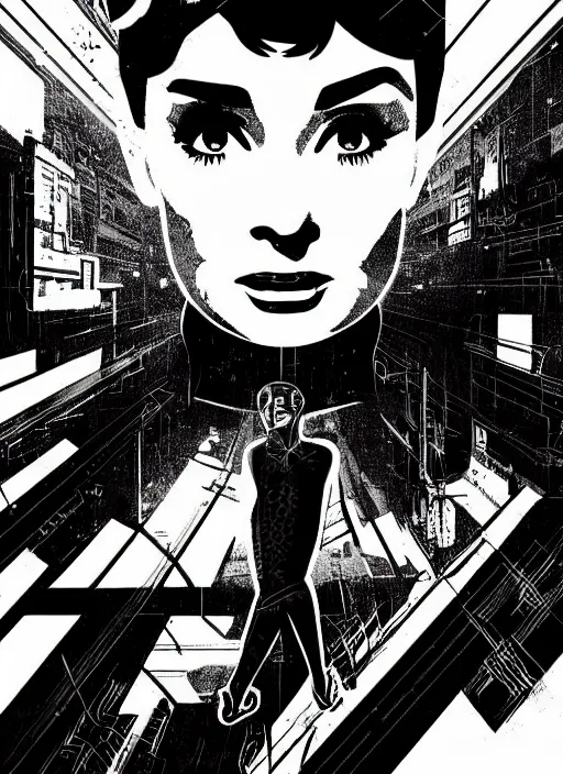 Prompt: audrey hepburn, detailed cyberpunk portrait by tim doyle