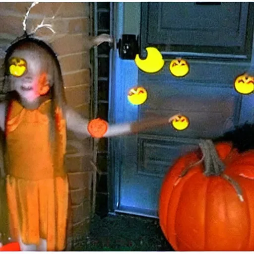 Image similar to children on halloween costumes at night, door eye cam footage, creepy, 8 mm, found footage