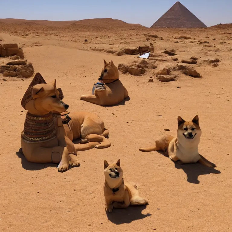 Image similar to in the middle of the egyptian desert, there is a shiba-inu sphinx
