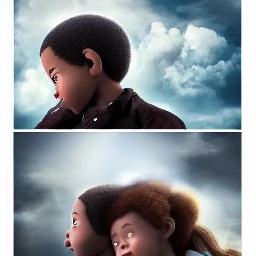 Prompt: stunning, coherent, impressive, detailed still of black a family in clouds, follow shot, 3d, in the style of pixar, comic book style, 3d, highly detailed, sharp focus, bokeh, depth of field, 16k resolution, Unreal Engine 5, coherent, cinematic lighting, photorealistic, by Zhang Jingna