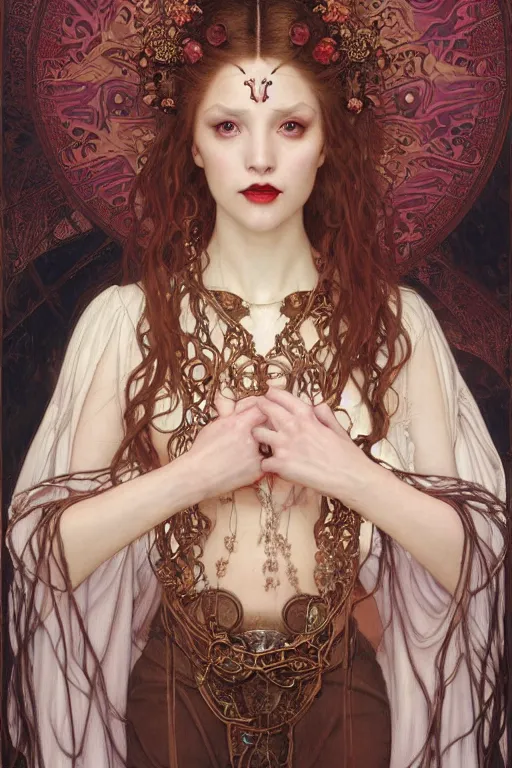 Image similar to masterpiece painting of beautiful vampire girl by donato giancola, darius zawadzki and tom bagshaw, face by artgerm and edmund leighton, alphonse mucha, background by james jean and gustav klimt, 8 k, biomechanical horror, majestic, volumetric lighting, porcelain skin, french nouveau, trending on pixiv