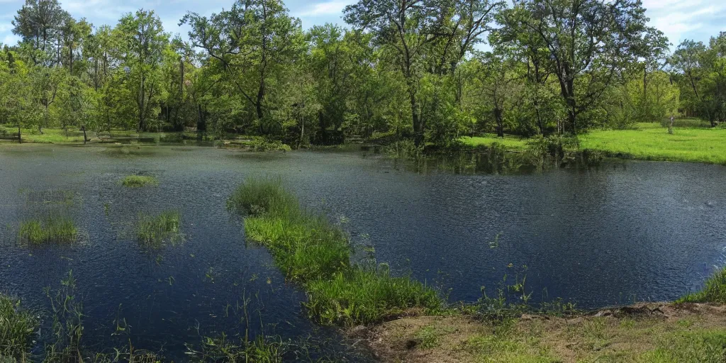 Prompt: photo field with small Lake with black dark water in center reality