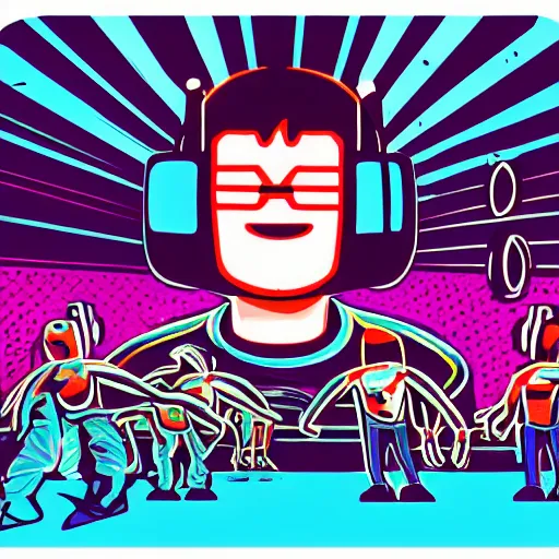 Image similar to wrestlers wearing vr headsets, vr goggles, shrugging, shrugging arms, intricate complexity, inverted neon rainbow drip paint, trending on art station, digital illustration by tom whalen