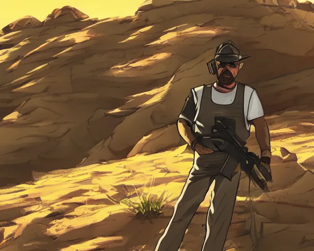 Prompt: walter white in a desert with a gun, anime artstyle, detailed, accurate, 4 k, cinematic, dynamic lighting