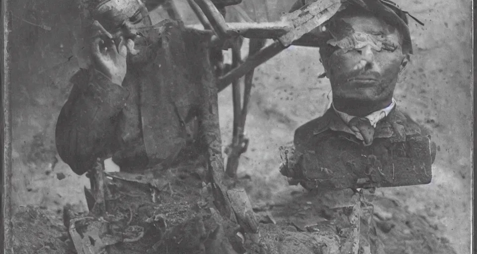 Prompt: a formal portrait photograph of a man whose chest has become an opencast bauxite mine. machinery excavates his ore rich lung and heart. he is rich beyond reason, and as poor as a dog. he is suspended from a bridge, dying.