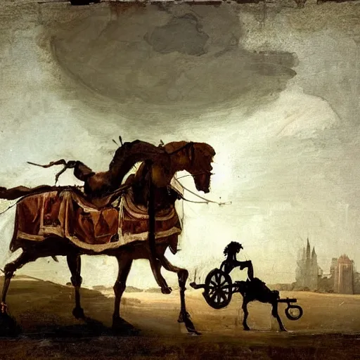 Image similar to improvisational, dreary by michael carson, by bernardo bellotto. the photograph features a human figure driving a chariot. the figure is skeletal & frail, with a large head & eyes. the chariot is pulled by two animals, which are also skeletal & frail.