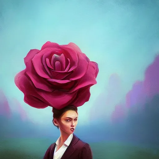 Image similar to closeup, giant rose flower head, frontal, girl in a suit, surreal photography, sunrise, blue sky, dramatic light, impressionist painting, digital painting, artstation, simon stalenhag